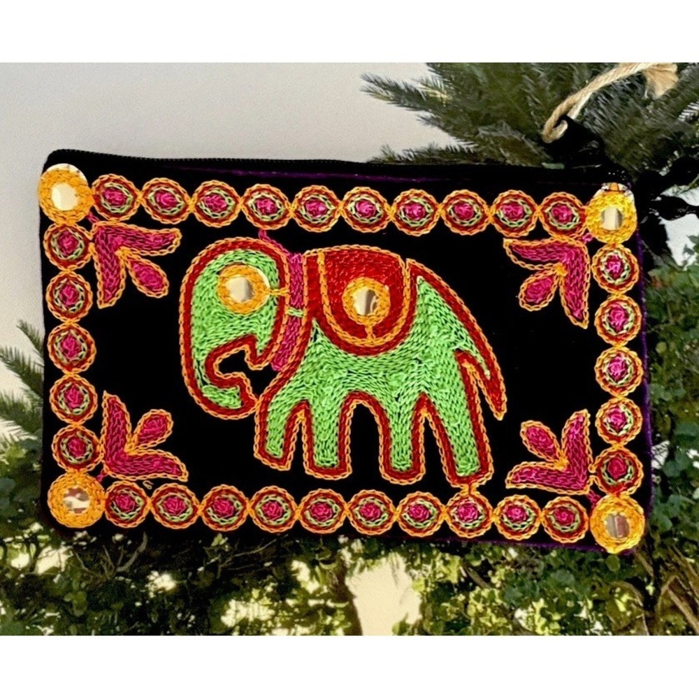 Women Handbag Purple Embroidered Beaded Wrist‎ Strap Zip Small Rectangle